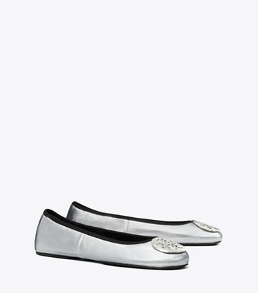 Tory Burch designer flats Reva Travel Ballet in SILVER / SILVER angle