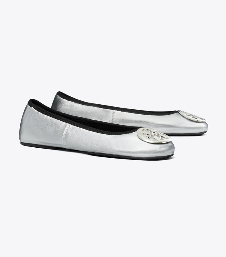 Tory Burch designer flats Reva Travel Ballet in SILVER / SILVER angle
