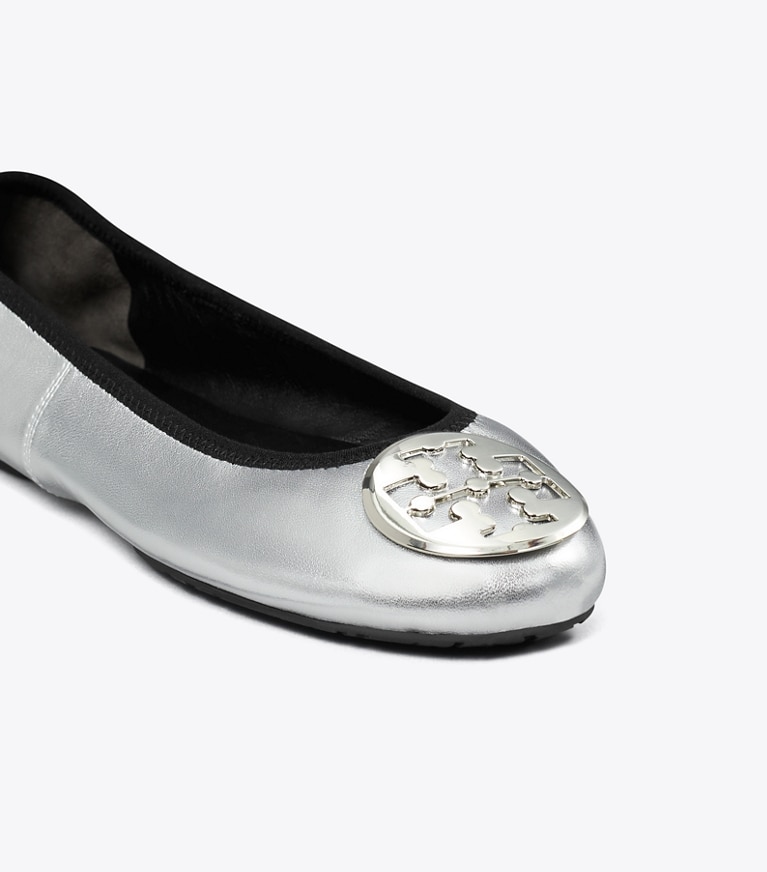 Tory Burch designer flats Reva Travel Ballet in SILVER / SILVER angle