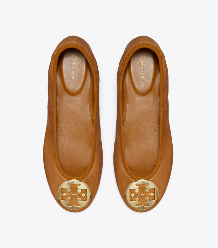 Tory Burch designer flats Reva Travel Ballet in PECAN PRALINE overhead