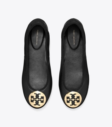 Tory Burch designer flats Reva Travel Ballet in PERFECT BLACK / GOLD overhead