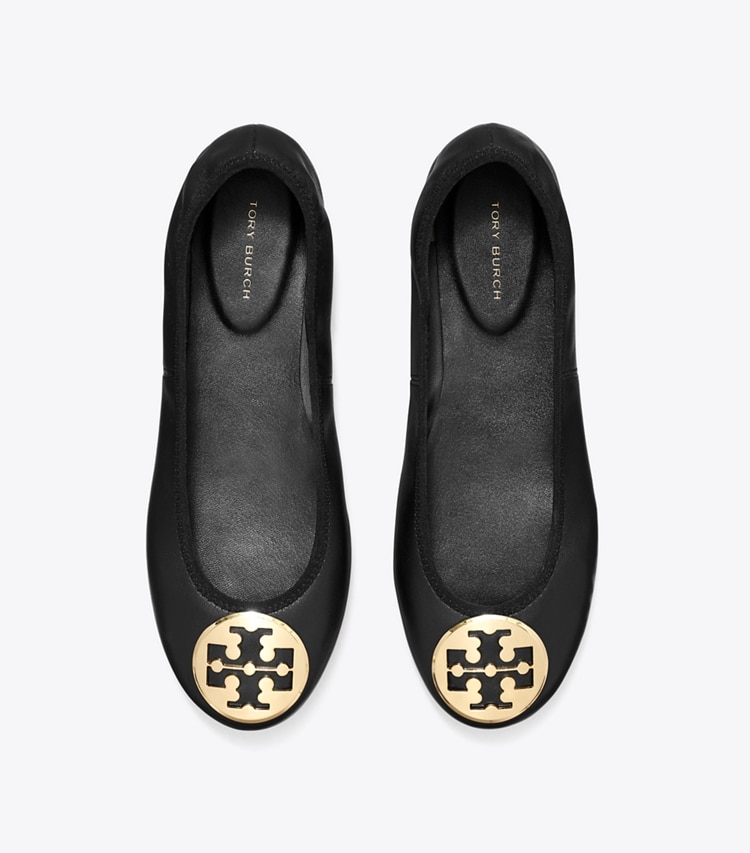 Tory Burch designer flats Reva Travel Ballet in PERFECT BLACK / GOLD overhead