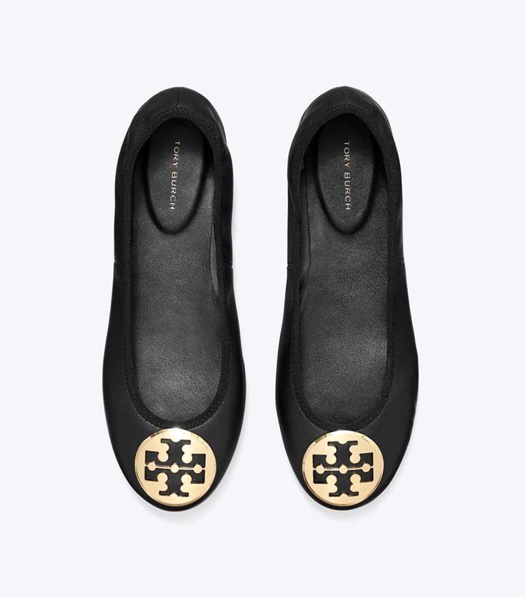 Tory Burch designer flats Reva Travel Ballet in PERFECT BLACK / GOLD angle