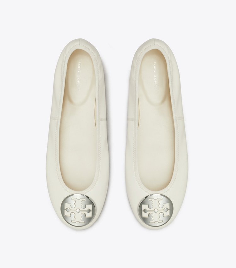 Tory Burch designer flats Reva Travel Ballet in LIGHT CREAM / GOLD overhead