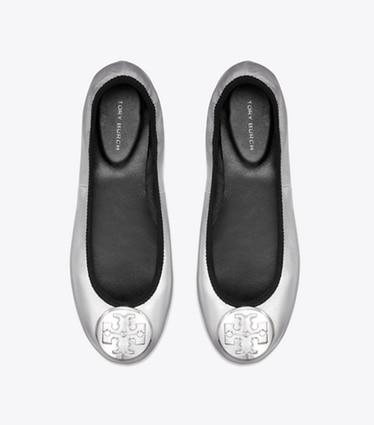 Tory Burch designer flats Reva Travel Ballet in SILVER / SILVER overhead