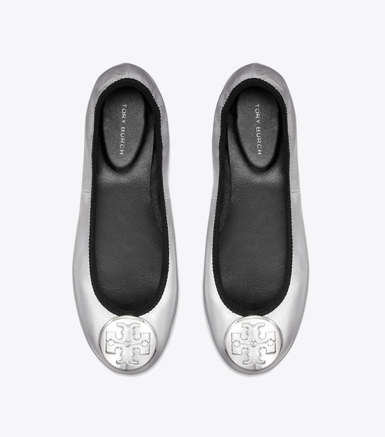 Tory Burch designer flats Reva Travel Ballet in SILVER / SILVER overhead