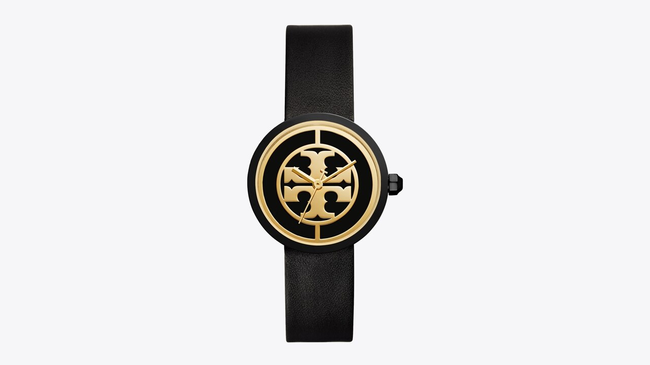 Tory Burch Reva Watch, Black Leather/Gold Tone, 36 MM
