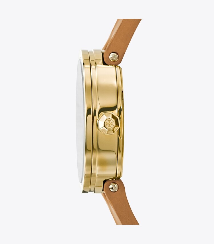 Tory Burch designer strap watches Reva Watch, Luggage Leather/Gold-Tone, 36 MM in Gold Tone/Ivory angle