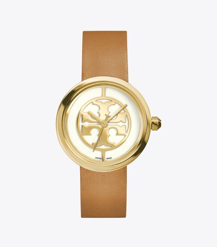 Reva Watch, Luggage Leather/Gold-Tone, 36 MM: Women's Watches | Strap  Watches | Tory Burch EU
