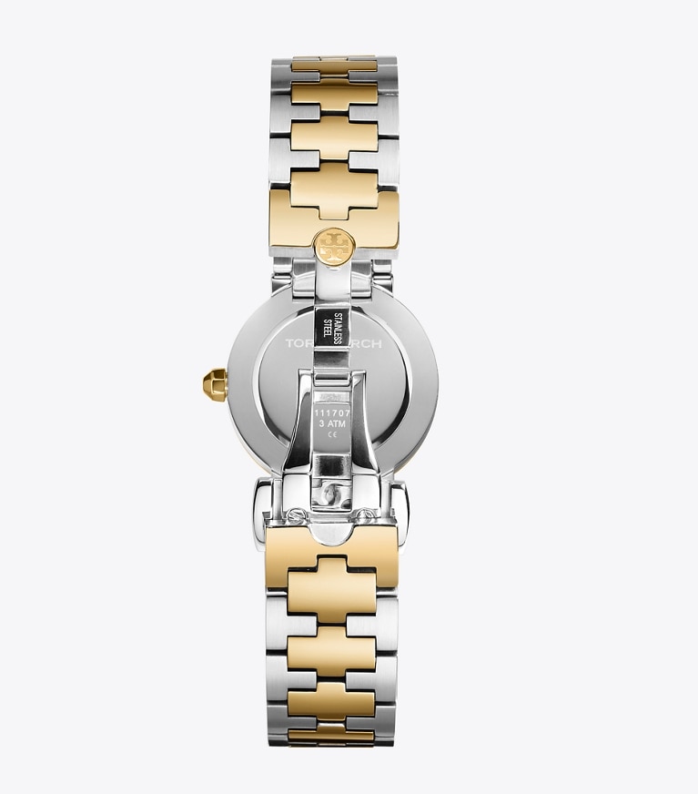 Tory Burch designer strap watches Reva Watch, Two-Tone Gold/Stainless Steel/Ivory, 28 MM in Gold/Silver/Ivory front main