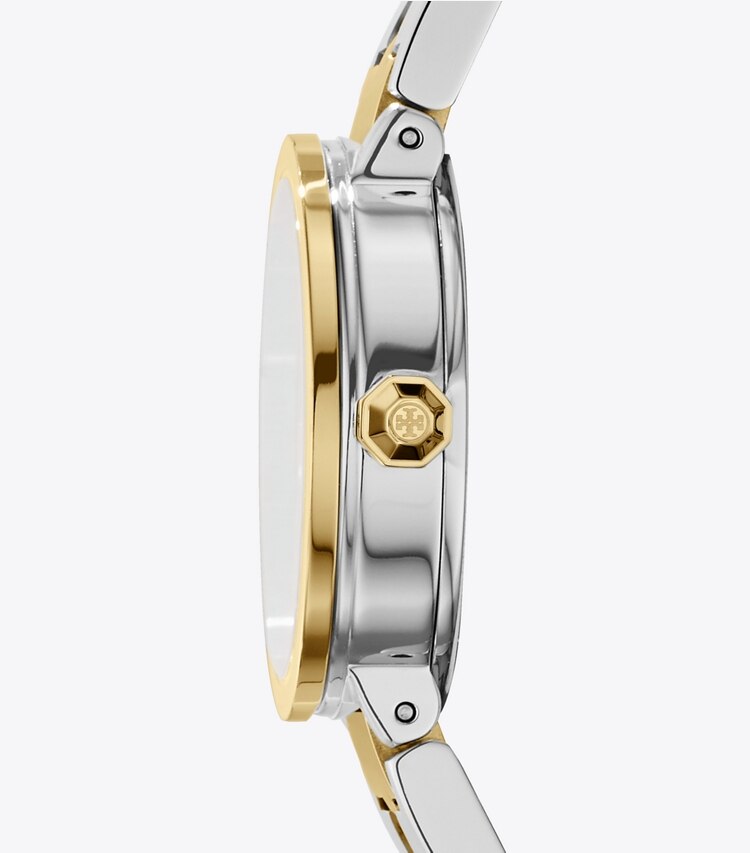 Tory Burch designer strap watches Reva Watch, Two-Tone Gold/Stainless Steel/Ivory, 28 MM in Gold/Silver/Ivory side