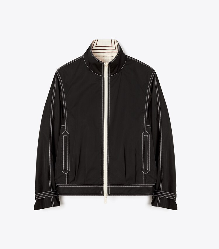 Tory Burch designer jackets Reversible Cotton Poplin Bomber Jacket in Black front