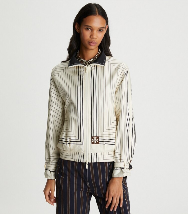 Tory Burch designer jackets Reversible Cotton Poplin Bomber Jacket in Black on model detail