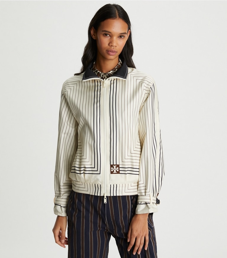 Tory Burch designer jackets Reversible Cotton Poplin Bomber Jacket in Black front