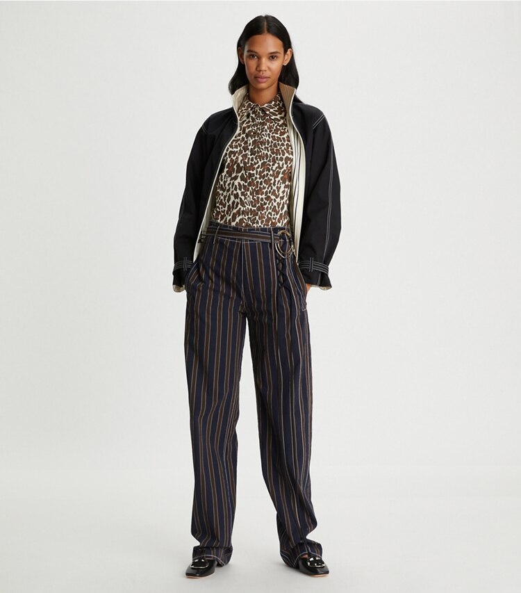 Tory Burch designer jackets Reversible Cotton Poplin Bomber Jacket in Black on model front
