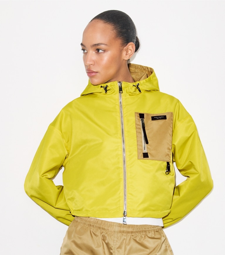 Tory Burch designer jackets Reversible Cropped Nylon Jacket in Green / Lemon additional on model