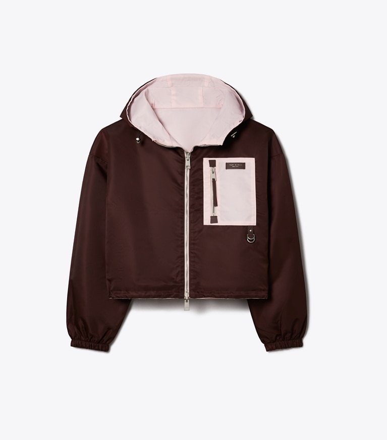 Tory Burch designer jackets Reversible Cropped Nylon Jacket in Rose / Dark Bordeaux packable reversible