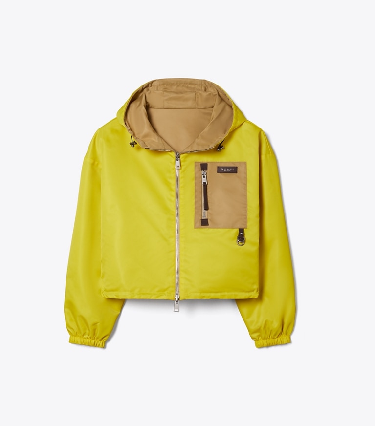 Tory Burch designer jackets Reversible Cropped Nylon Jacket in Green / Lemon packable reversible