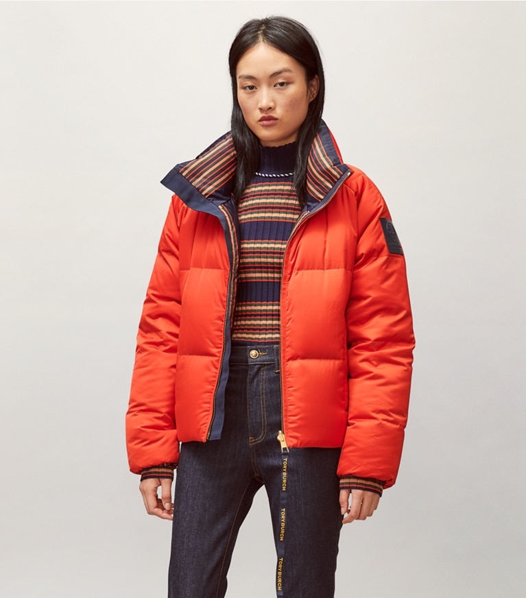 Tory Burch designer coats Reversible Down Jacket in Red/Navy Brush Stripe front