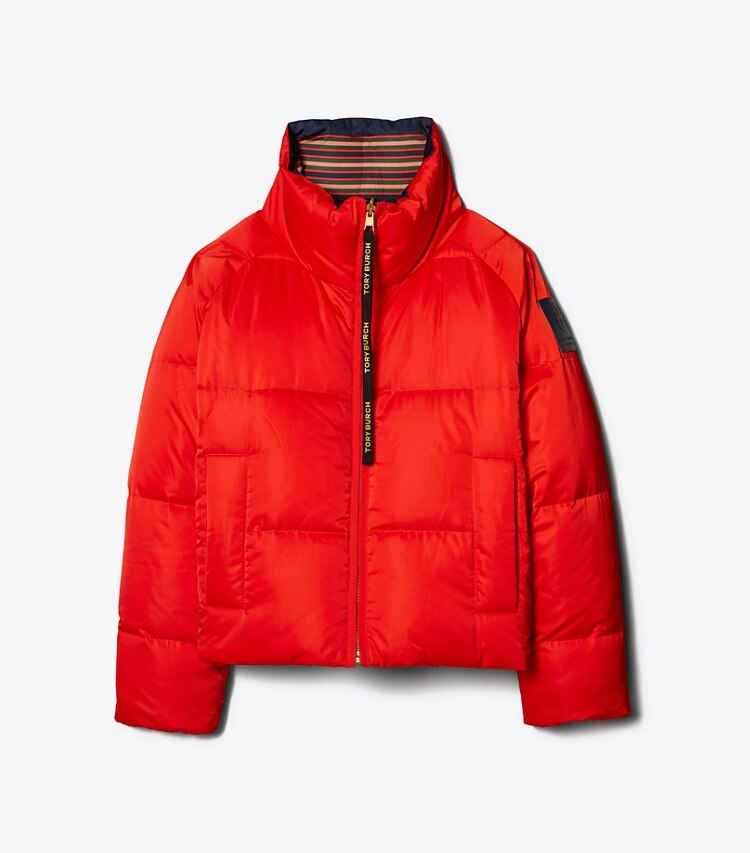 Tory Burch designer coats Reversible Down Jacket in Red/Navy Brush Stripe front