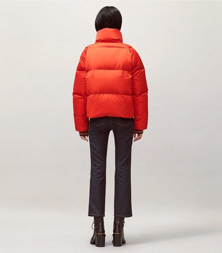Tory Burch designer coats Reversible Down Jacket in Red/Navy Brush Stripe on model back