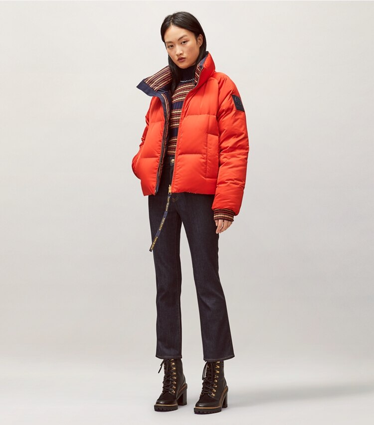 Tory Burch designer coats Reversible Down Jacket in Red/Navy Brush Stripe on model front