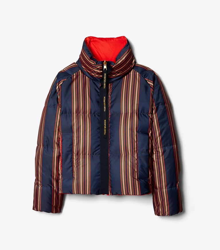 Tory Burch designer coats Reversible Down Jacket in Red/Navy Brush Stripe front