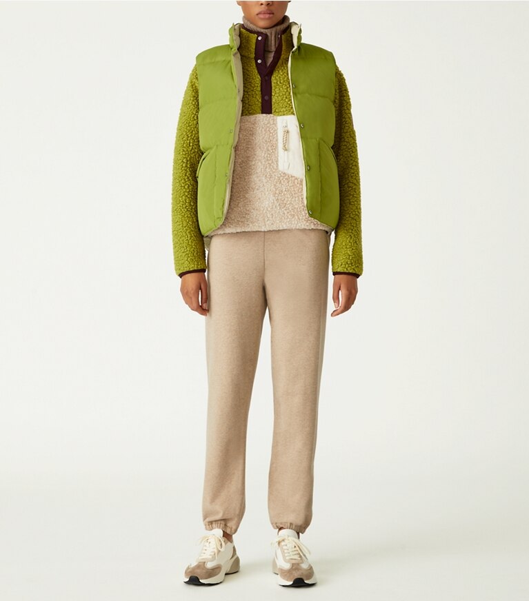 Tory Sport designer coats Reversible Down Vest in Khaki Sand / Cress front