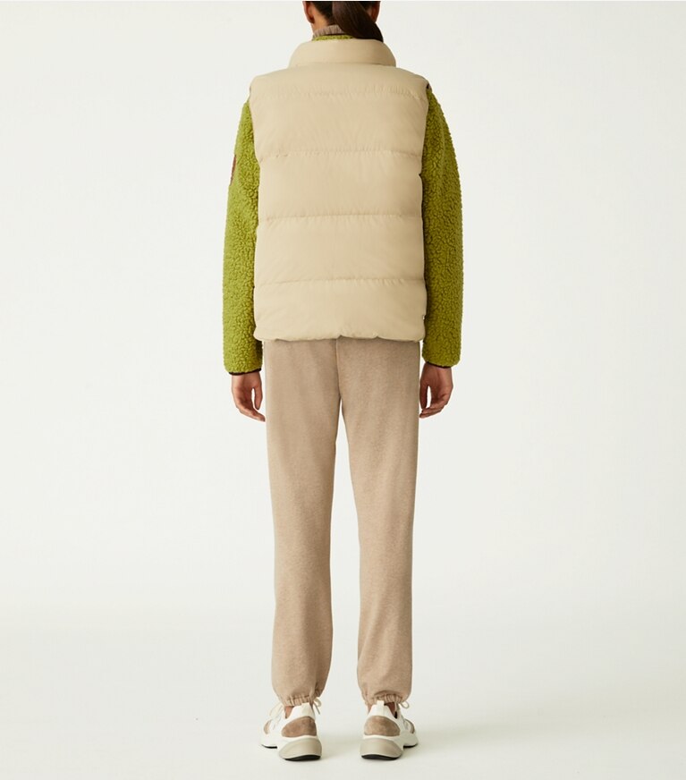 Tory Sport designer coats Reversible Down Vest in Khaki Sand / Cress front