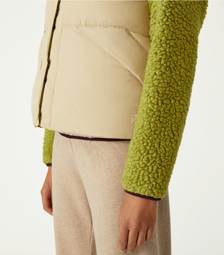 Tory Sport designer coats Reversible Down Vest in Khaki Sand / Cress front