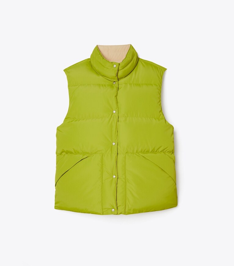 Tory Sport designer coats Reversible Down Vest in Khaki Sand / Cress front