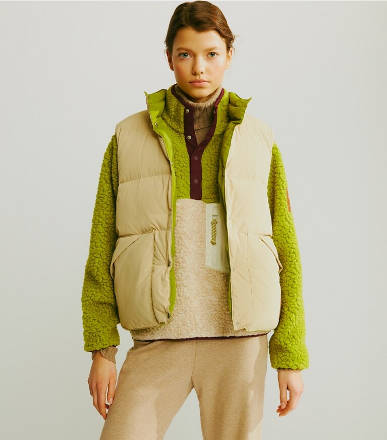 Tory Sport designer coats Reversible Down Vest in Khaki Sand / Cress front