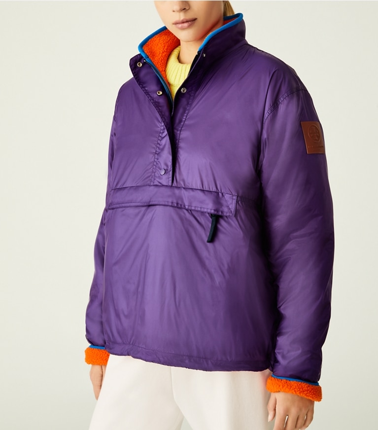 Tory Sport designer coats Reversible Nylon Fleece Pullover Jacket in Eggplant / Poppy Red front