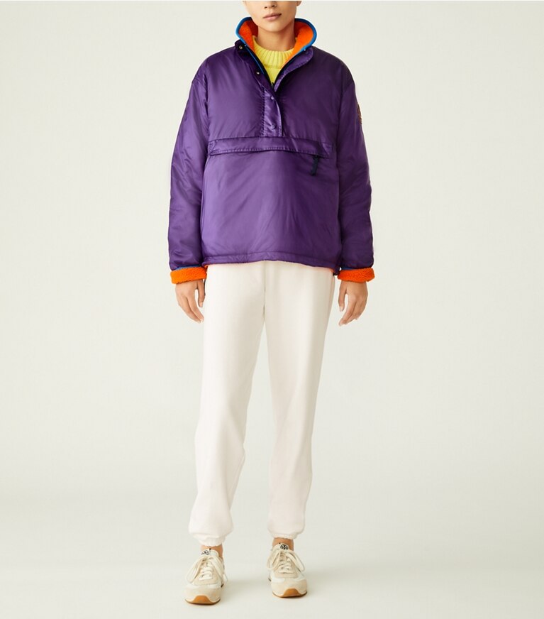 Tory Sport designer coats Reversible Nylon Fleece Pullover Jacket in Eggplant / Poppy Red front