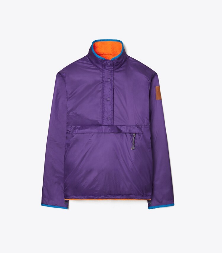 Tory Sport designer coats Reversible Nylon Fleece Pullover Jacket in Eggplant / Poppy Red front