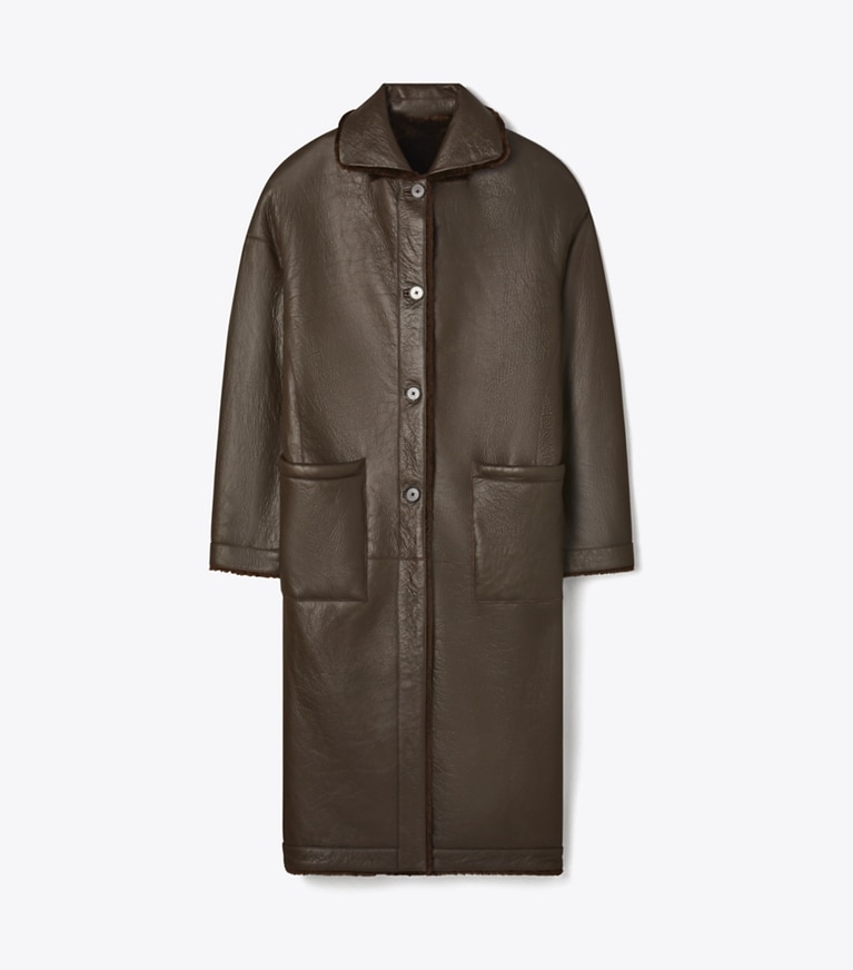 Tory Burch designer coats Reversible Shearling Coat in Cacao front