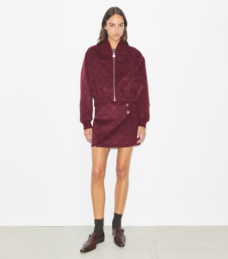 Tory Burch designer jackets Reversible Wool Jacket in Burgundy T-Monogram JQD front