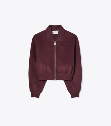 Tory Burch designer jackets Reversible Wool Jacket in Burgundy T-Monogram JQD front