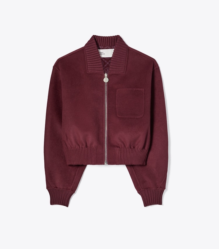 Tory Burch designer jackets Reversible Wool Jacket in Burgundy T-Monogram JQD front