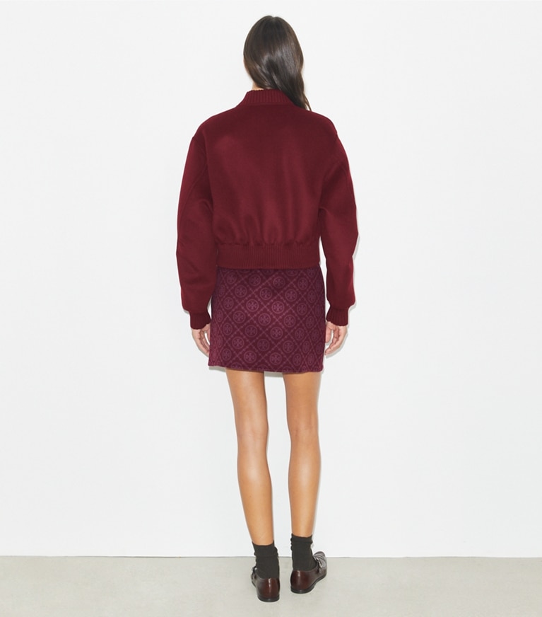 Tory Burch designer jackets Reversible Wool Jacket in Burgundy T-Monogram JQD front