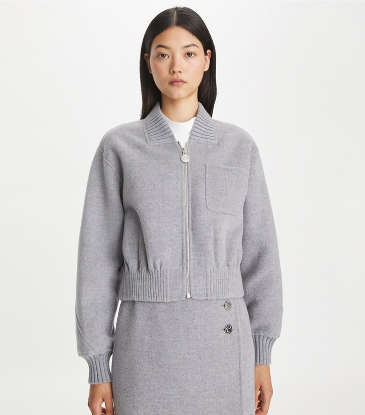 Tory Burch designer jackets Reversible Wool Jacket in Back Side T Monogram Jacquard Combo B on model detail