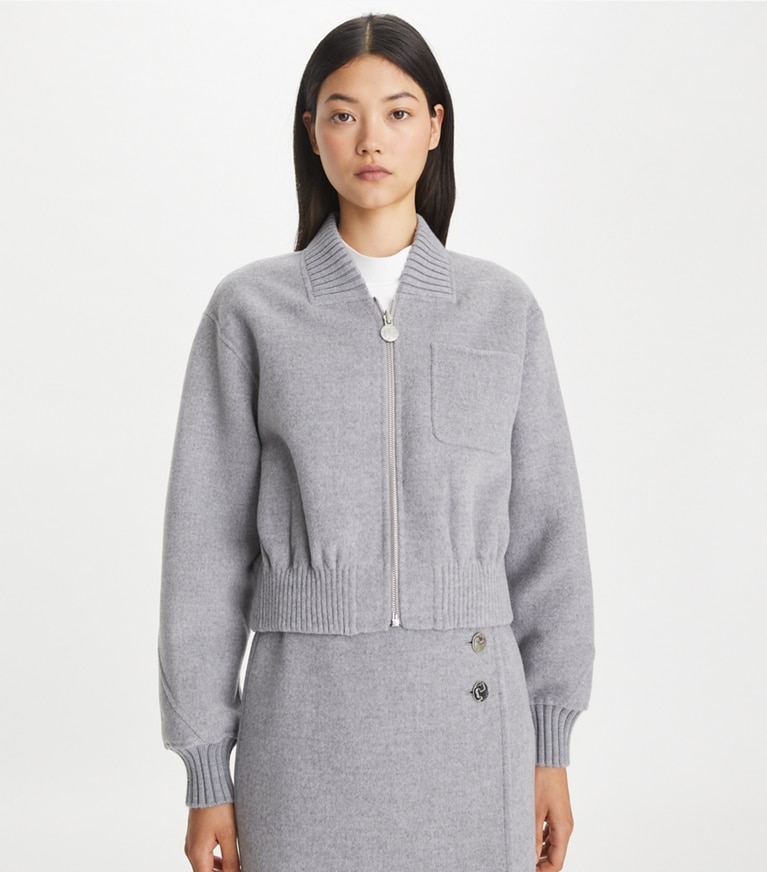 Tory Burch designer jackets Reversible Wool Jacket in Back Side T Monogram Jacquard Combo B front