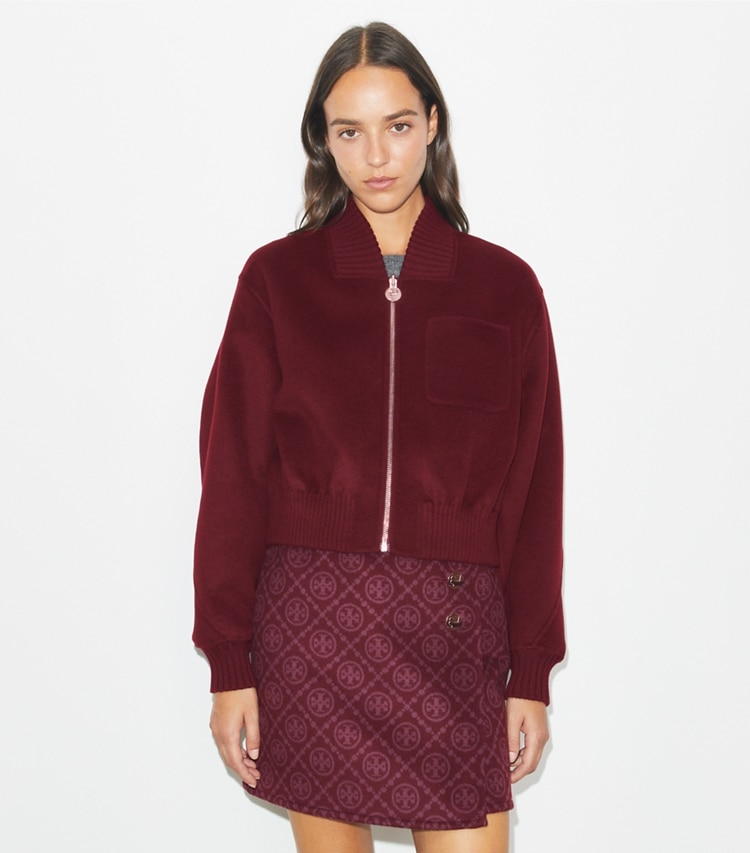 Tory Burch designer jackets Reversible Wool Jacket in Burgundy T-Monogram JQD on model detail