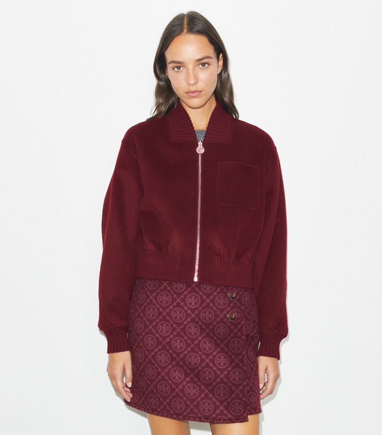 Tory Burch designer jackets Reversible Wool Jacket in Burgundy T-Monogram JQD front