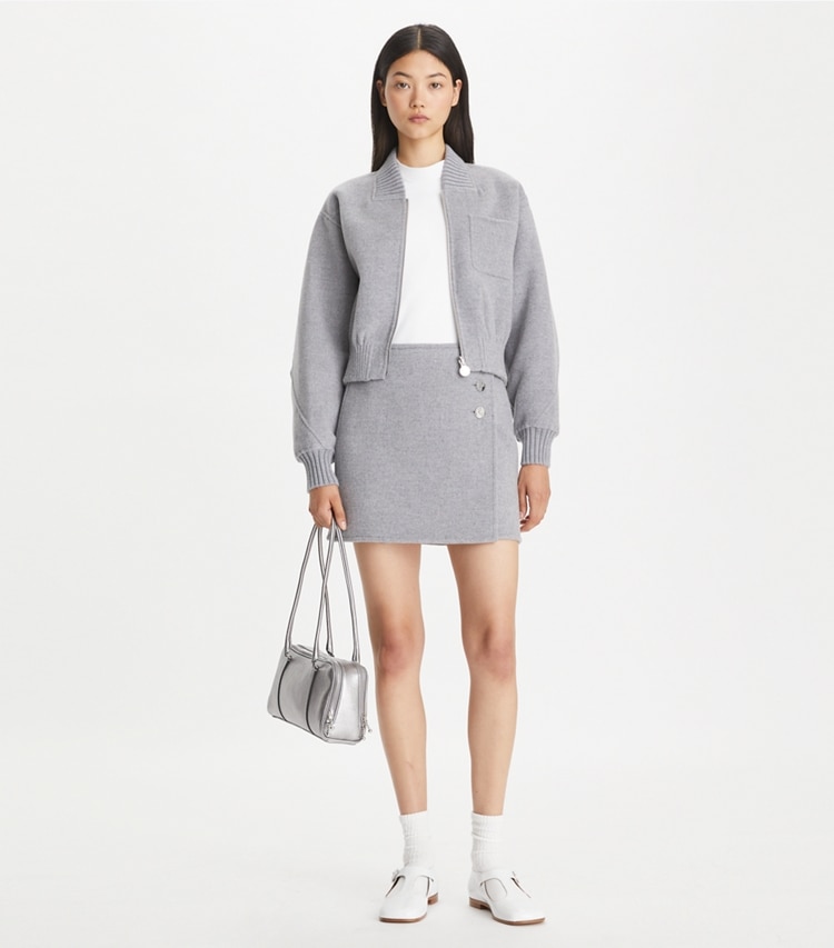 Tory Burch designer jackets Reversible Wool Jacket in Back Side T Monogram Jacquard Combo B on model front
