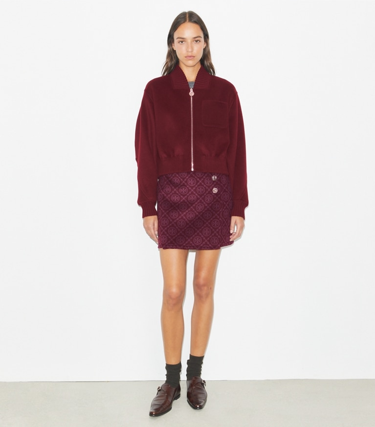 Tory Burch designer jackets Reversible Wool Jacket in Burgundy T-Monogram JQD front