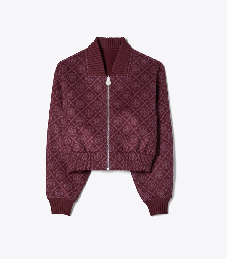 Tory Burch designer jackets Reversible Wool Jacket in Burgundy T-Monogram JQD front