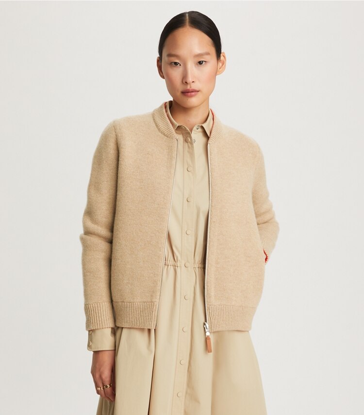 Tory Burch designer sweaters Reversible Zip-Front Cardigan in Smoky Beige on model detail