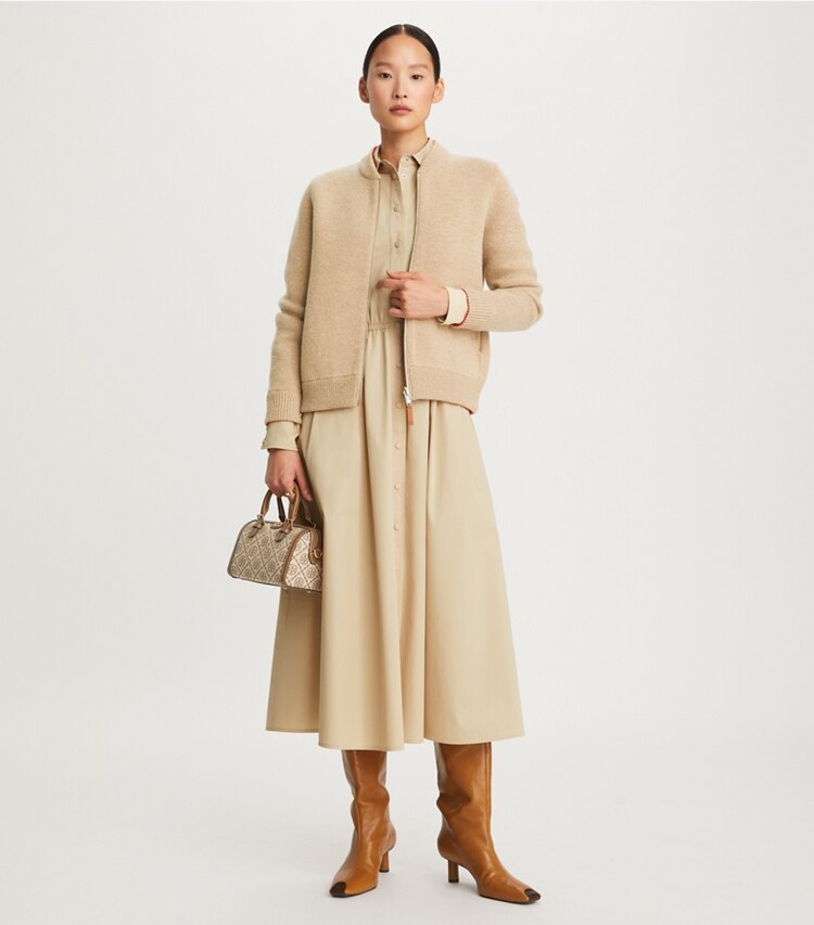 Tory Burch designer sweaters Reversible Zip-Front Cardigan in Smoky Beige on model front