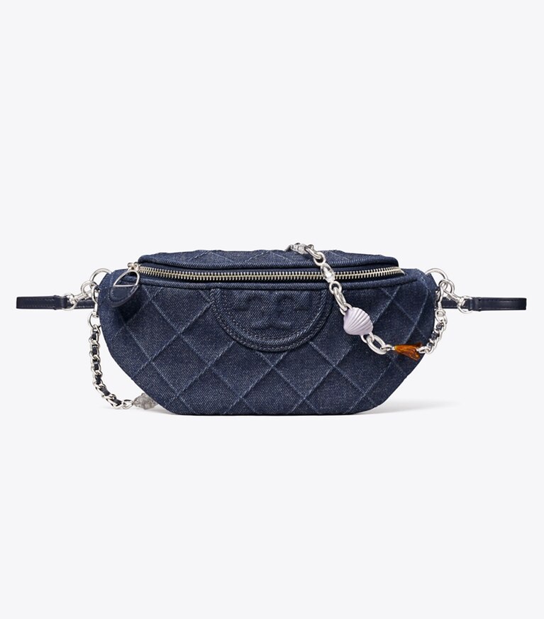 Tory Burch diseñador riñoneras Riñonera de mezclilla Fleming con dije en Blue frente
